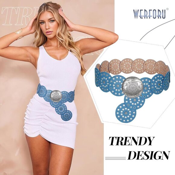 Women\'s Vintage Leather Belt Western Disc Waist Belts Belt Blue Silver Buckle